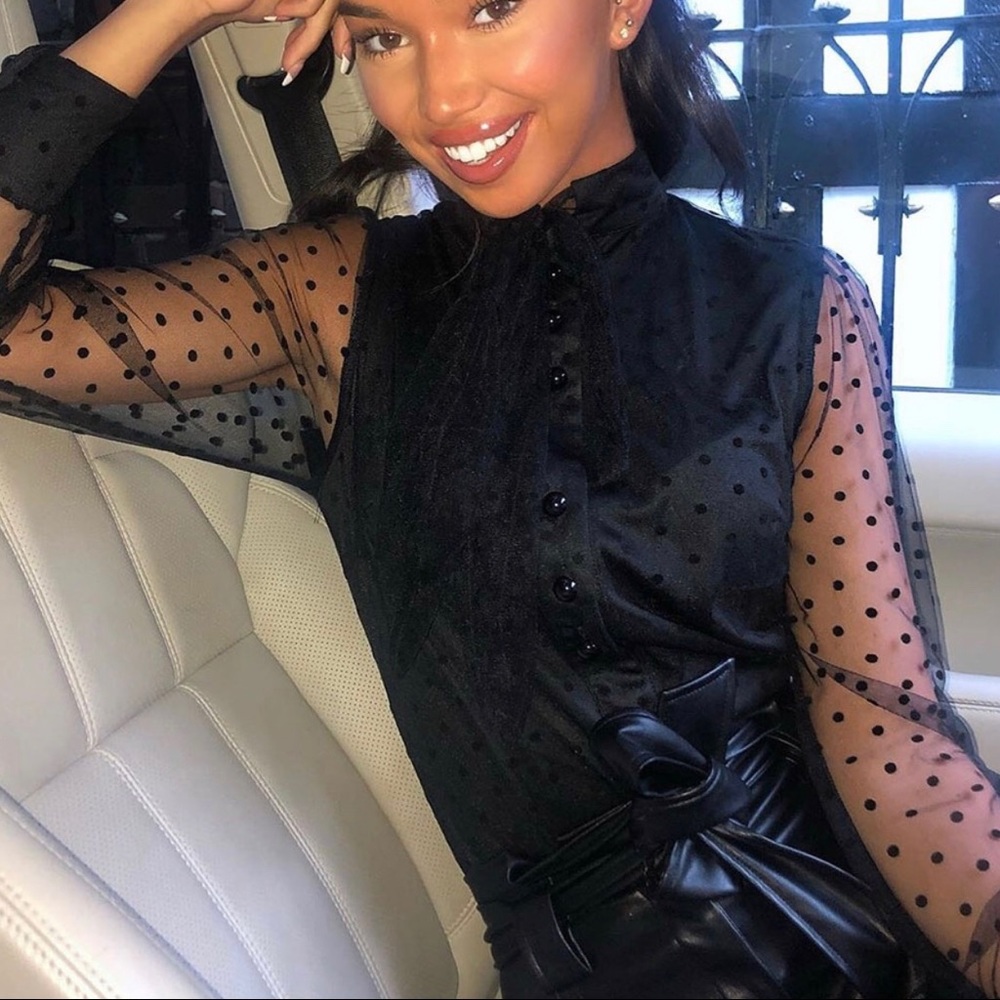 🌿🌿Midnight Polka Dot Sheer Sleeve Blouse🌿🌿 - Picture 1 of 11
